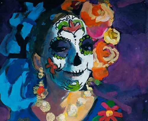 Woman with Roses, Day of the Dead, Mexico, Gouache on paper, 23x29cm