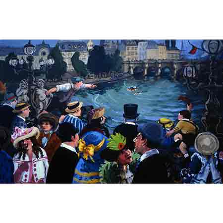Panel Two - Here in 1907 Annette takes part in the annual race along the Seine. Against male competitors, she comes equal third. Annette was adored by the press, helped by her ability to speek fluent French (her mother was originaly from France).