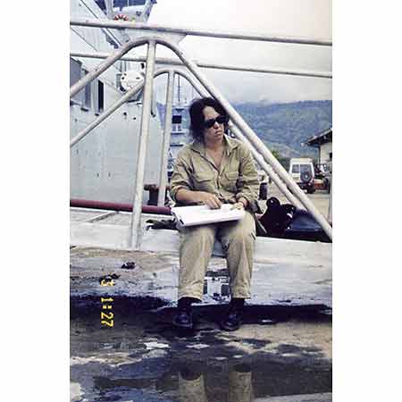 Sharpe arrives on HMAS Jervis as Australian Official Artist to East Timor.
