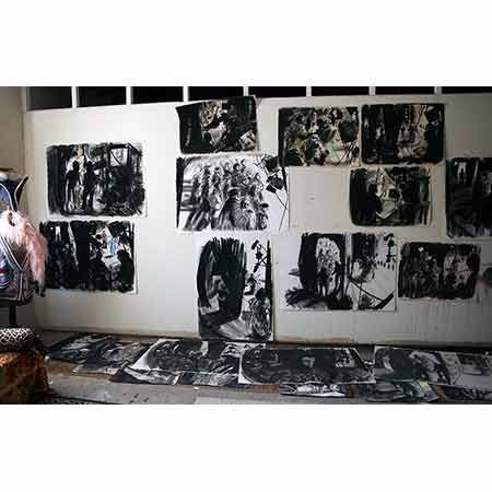 Back Stage Opera Drawings 2006 Carcoal and Carcoal/pastel each 59cm x 84cm. Photographed at Wendy Sharpe's Saint Peters Studio, Sydney.