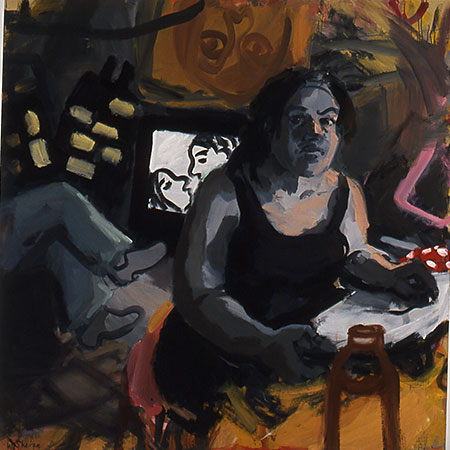 Self Portrait with TV and Mens Legs 2002 Oil on canvas 183cm x 183cm Private collection